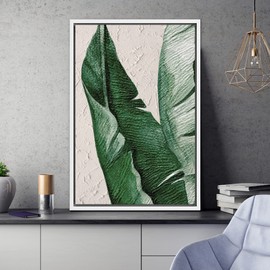 SIGNWIN Framed Canvas Print Wall Art Close Up Tropical Jungle Banana Leaf Nature Wilderness Digital Art Realism Decorative Floral Botanical Zen for Living Room, Bedroom, Office - 16"x24" White