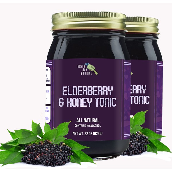 Green Jay Gourmet Elderberry Tonic – All Natural Elderberry Syrup – Elderberry Immune Support for Kids & Adults – Powerful Elderberry & Honey Blend – Sambucus Elderberry Syrup – 2 x 22 Ounces