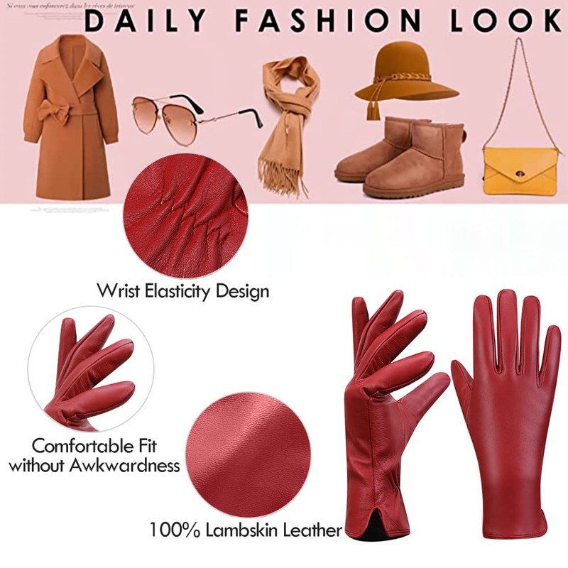 MGGMOKAY Women's Cashmere Lined Leather Gloves, Red (Thouchscreen), L