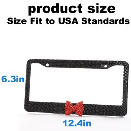 2 Pack Diamond License Plate Frame with Bow Tie, Luxury Black Glass Crystal Rhinestone Bling License Plate Frame, Stainless Sparkly Bedazzled License Plate Frames for Women Cute with Anti Theft Screw