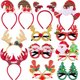 SIQUK 6 Pcs Christmas Headbands and 6 Pcs Christmas Glasses Frames Funny Reindeer Costume Headband Santa Claus Christmas Tree Glasses Party Favours and Decorations for Christmas