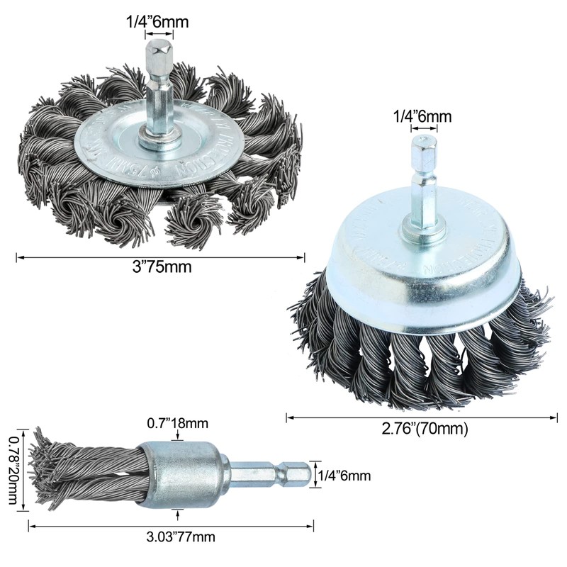 FPPO 3PCS 3 Inch Knotted Wire Wheel Cup Brush and