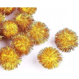 Pack of 100 Plush Pompoms with Gold Glitter, Round Pompom, Yellow Colour Set, 15 mm Bobble Sewing Tilda Craft Border Balls Fluffy Plush Balls for Funny DIY Creative Crafts