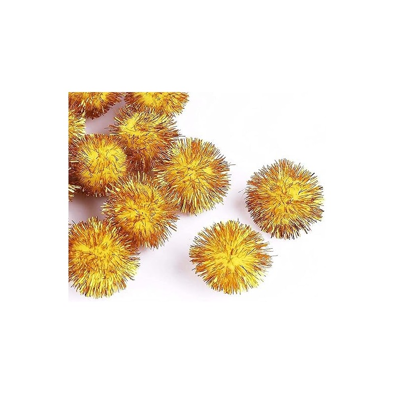 Pack of 100 Plush Pompoms with Gold Glitter, Round Pompom,