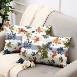 Kwlegh Thanksgiving Colorful Maple Leaves Lumbar Pillow Covers 12x20 Set of 2 Fall Rectangular Pillow Covers Blue Beige White Stripes Pillowcase Autumn Throw Pillow Covers for Patio Indoor Couch