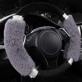 CAR PASS Bling Diamond Rhinestone Fluffy Steering Wheel Cover, Comfortable Non-Slip Luxury Soft Faux Wool Car Accessories, Universal Fit for 14.5" to 15" Wheel Protector Cute for Women Girl, Gray Wool