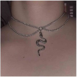 Yheakne Punk Snake Pendant Necklace Choker Silver Layered Serpent Necklace Chain Gothic Snake Necklace Retro Snake Collar Necklace Jewelry for Women