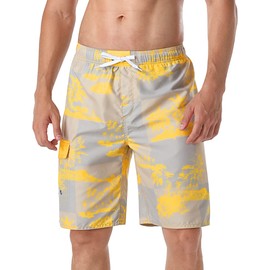 Nonwe Mens Beach Shorts Long Breathable Patterned Board Shorts with Lining Yellow 34