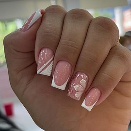 White French Tip Press on Nails Square Medium Fake Nails Flowers False Nails Pink Glossy Full Cover Acrylic Nails Summer Glue on Nails Floral Artificial Stick on Nails for Women Manicure DIY