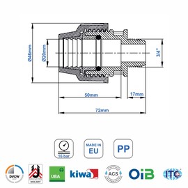 SmartProduct PP Coupling MDPE 20 mm x 3/4 Inch with Male Thread AG - Screw Connection for PE Pipe PN16 DVGW Drinking Water Certified - 20 mm Clamp Connector Adapter for PE80 PE100 Pipes - Pack of 2