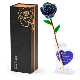 Mikasol Real 24K Gold Dipped Realistic Rose – Timeless Lifelike Bloom with Heart Puzzle Base – Romantic Blue Flower Gift for Her, Wife, Girlfriend, Mom – Birthday, Anniversary, Mother’s Day (Blue)