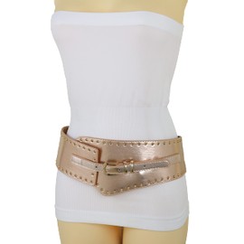 Women Western Fashion Wide Elastic Belt Hip Waist Metal Studs Buckle Size S M Rose Gold