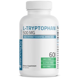 Bronson L-Tryptophan 500 MG High Potency Essential Amino Acid Supports Relaxation & Positive Mood Support Non-GMO, 60 Capsules