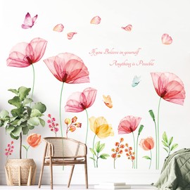 DECOWALL SG-2206 Pink Flowers Quotes Wall Stickers Poppy Floral Butterfly Decals Removable for Inspirational Bedroom Living Room Kitchen Bathroom Art Home Decor