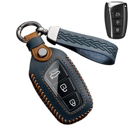 ontto Leather Car Key fob Cover fit for Hyundai Grand Santa Fe IX35 IX45 Genesis Equus Azera 2013-2018 3/4 Buttons Key case Keychain Keyring Accessories Key Bag Key Holder Key Shell Protector Blue A