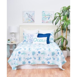 C&F Home Outlook Beach Ocean Coastal Blue Seahorse Turtle Crab Octopus Starfish Sand Dollar Twin Bed 2 Piece Beach Reversible Coverlet Quilt Bedding Set with 1 Sham Twin 2 Piece Set Blue
