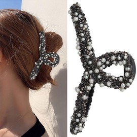 Pearl Hair Clip Rhinestone Hair Clips Luxurious White and Pearl Design Hair Claw Clip for Women Strong Hold Hair Jaw Clips Hair Accessories (Style 1-grey)