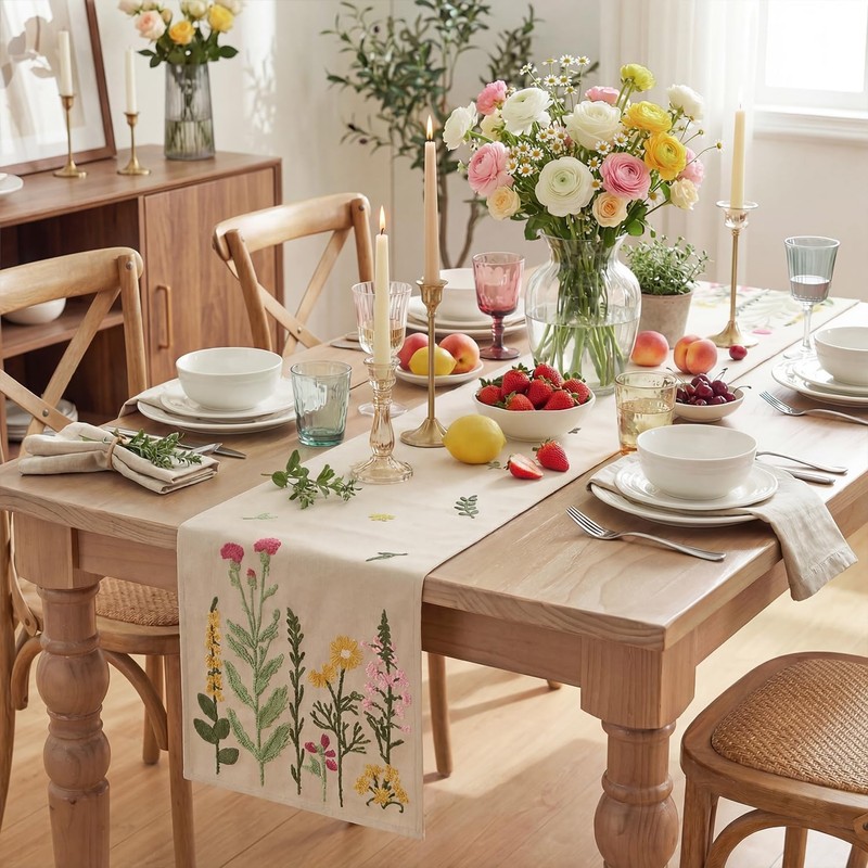 Beige Soft Chain Embroidery Wild Floral Spring Table Runner, Seasonal