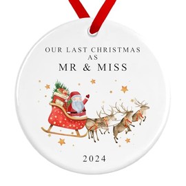 Last Christmas as Mr & Miss Bauble | Santa Sleigh Reindeers Ceramic Engaged Decoration | Christmas Engagement Ornament Gift (D1 Our - Red Ribbon)