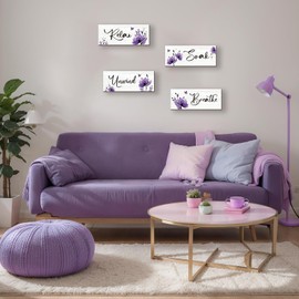 ONIZHITY Set of 4 Purple Bathroom Decor With Purple Flower Wall Decor Inspire Relax Soak Unwind Breathe Rustic Wooden Wall Art Ideal for Bedroom Office Living Room Kitchen Decoration(Purple 10x4Inch)