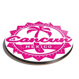 1 x Round Coaster - Cancun Mexico Pink Palm Tree Travel Cork Backed MDF Glossy Tea Coffee Accessory #5100