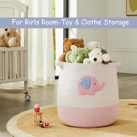 MOJOSCEND Large Baby Laundry Basket, Pink Laundry Hamper for Kids Girls, Toy Blanket Storage Basket for Girls Room Bedroom, Cotton Rope Baskets for Organizing 16" W x 17.7" H