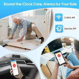 WiFi Smart Wireless Caregiver Pager Call Button System for Elderly Fall Monitoring with App Alerts & 110dB Loud Receiver, Anti-Mistouch Design (2 Panic Buttons + 1 Receiver)