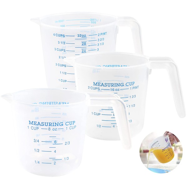 Surflyee Plastic Measuring Jugs 3PCS, Kitchen Baking Jugs Set, 1000ML, 500ML, 250ML, BPA-Free Plastic Cups - Clear, Easy to Read Measurements - Cooking with Accuracy