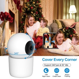 Security Camera Indoor 1296P FreshLink Upgraded 2K Pan/Tilt 345° Motion Tracking, 10M Night Vision,Two-Way Audio, Baby/Pet/Elder Monitor, Onvif Support, Cloud & SD Card Storage, 2.4GHz Only