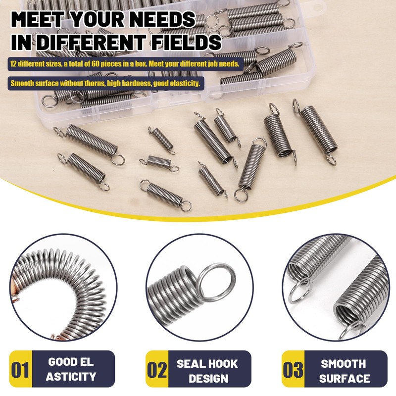 Mardatt 60Pcs 12 Sizes Stainless Steel Extension Springs Kit, Extension