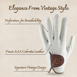 Caddie Classic High-End Vintage Men's Golf Gloves | Solely Crafted With AAA Kangaroo Leather | Long-Lasting Durability With Comfortable & Soft Feeling | Golf Glove For Men (Left, LG, White Pearl)