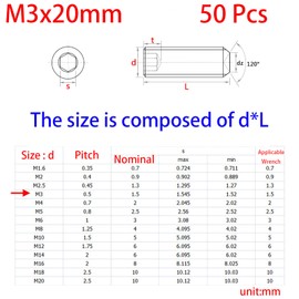 M3-0.5 x 20mm Black Hex Socket Set Grub Screws,Headless Cup Point,Flat Point Grub Bolt,Internal Hex Drive,Alloy Steel,12.9 Class Carbon Steel，External Thread 50 Pcs