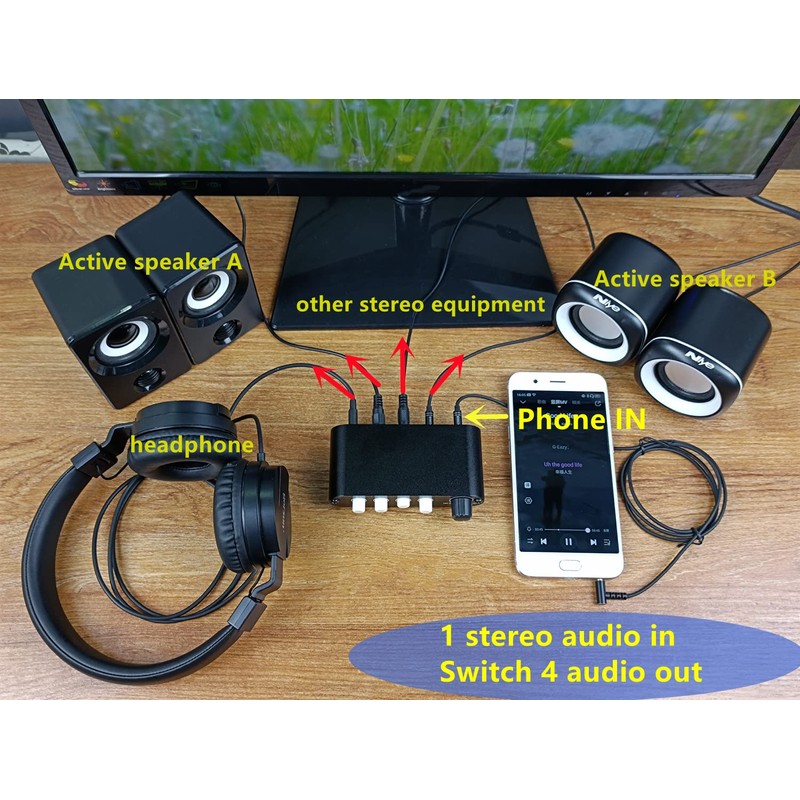 TENEALAY 4-Way 3.5mm Stereo Audio Switch Input Signal Source Switcher