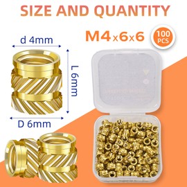Heat-Set Threaded Inserts, M4×6×6mm Brass Heat Set Insert M4 Female Thread Metric Knurled Nuts,for Plastic and 3D Printing Components (M4*6 * 6(100pcs))