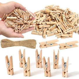 1.35 Inch Mini ClothesPins for Photo【100 Pcs】 with 32 Feet Jute Twine，Mini Clothes Pins for Crafts,Wooden Small Clothes Pins for Pictures,Tiny Decorative Clothespins for Baby Shower(Natural Color)