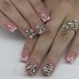 IMRAIN Pink Press on Nails Square Short Fake Nails French Nails Tips Full Cover Rhinestone Glue on Nails with Cute Silver Metal Bow Charms Designs Acrylic Squoval Stick on False Nails 24Pcs