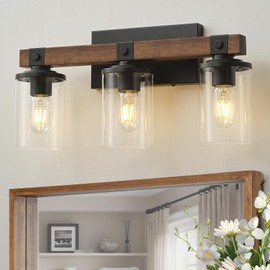GoYeel Bathroom Light Fixtures Over Mirror, Black Farmhouse Vanity Light Rustic Vintage Wood Bathroom Wall Light Fixtures 3 Light with Clear Glass Shade for Bedroom Hallway