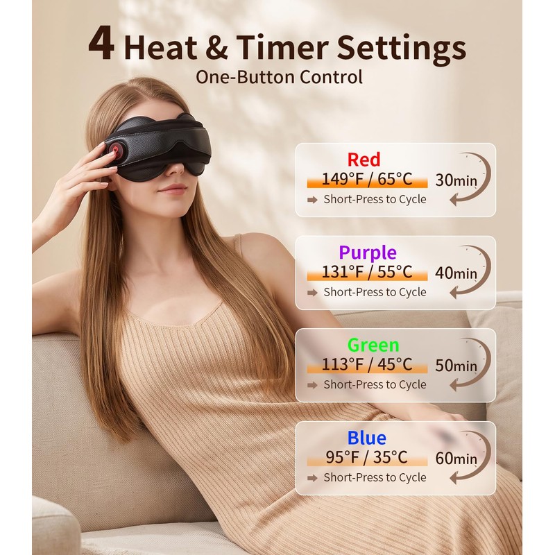 Cordless Heated Eye Mask Rechargeable with 4 Heat Settings &