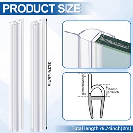 Pushglossy Shower Door Side Seal Strip 78. 74 Inch (39. 37" x 2 Pcs) Frameless Glass Door Sweep U-Type for 5/16"(8 mm) Glass to Stop Shower Leaks