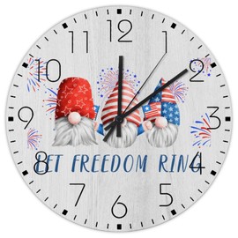 15 Inch Silent Non-Ticking Wall Clocks Battery Operated Let Freedom Ring Gnome Wall Decor for Patio Patriotic Memorial Day Frameless Round Wooden Wall Clock Country for Exercise Room Fitness Room