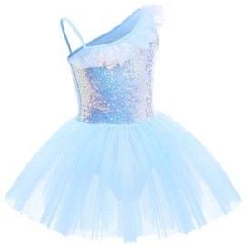 IWEMEK Little Big Girls Sequins Leotard Tutu Ballet Dress Sleeveless Ruffled One Shoulder Gymnastics One Piece Kids Dancewear Camisole Skirt Skating Ballerina Performance Costume Blue 5-6 Years