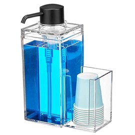 mDesign Modern Plastic Mouthwash Pump Caddy and Disposable Cup Holder - Compact Storage Organizer for Bathroom Vanity, Countertop, Cupboard, Includes 8 Paper Cups - Clear/Matte Black