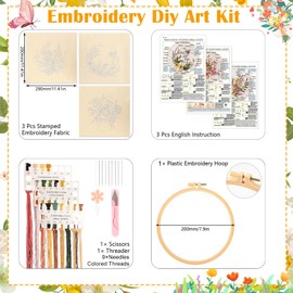 JSRQT 3Pcs Full Range Embroidery Starter Kit, Stamped Cross Stitch Kit for Beginner Adults with Bee Flower Design, Handmade Needlepoint Embroidery Set with Hoop, Instruction, Needle and Threads