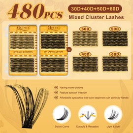 QUEWEL Individual-Eyelashes Wispy Cluster lashes D Curl Individual Lashes Natural Look, 480pcs Eyelash clusters DIY Lash Extensions for Beginners, Easy to Use at Home (30D+40D+50D+60D)