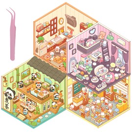4 Sets DIY 3D Fun Mini House Sticker Scenes with Tweezers Make Your Own Panda Rabbit Classroom Kitchen Bedroom Teahouse Scene Stickers Cute Micro Room Craft Stickers for Relief Stress Pass The Time