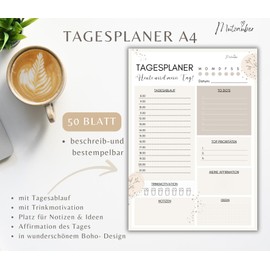 Mutzauber® A4 Undated Boho Daily Planner - Tear Off Pad with 50 Pages | To Do List, Daily Planner, Tasks, Priorities & Ideas