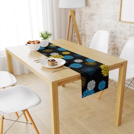 Snycler 13x48 Inch Table Runner Blue Yellow Dahlia Pinnata Flower Table Runners Modern Elegant Pompon Farmhouse Geometric Table Center Black Linen Decor for Home Dining Party Entrance