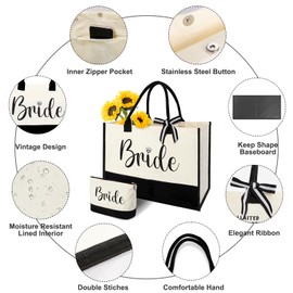Bride Gifts Canvas Tote Bag with Makeup Bag, Wedding Gifts for Bridal Shower Bachelorette Party Engagement Honeymoon, Miss to Mrs, Bride to Be, Bridal Shower Decorations