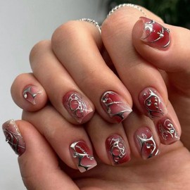 3D Swirl Press on Nails Short Square Fake Nails Glitter Glue on Nails Red Gradient Nails with Rhinestones Acrylic Nails Full Cover Glossy Stick on Nails Artificial Nails for Women Girls