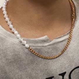 Pearl Chain Necklace for Men,White Pearl Half Pearl Half Chain Necklace for Women,Stainless Steel Cuban Link Neckalce for Men (Gold-1)
